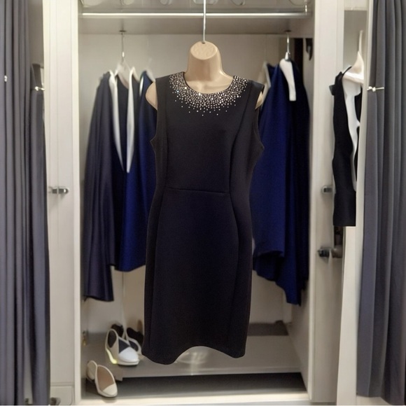 Calvin Klein Navy Blue and Crystal Embellished Short Sleeve Dress NWT SZ 12 - Picture 2 of 10
